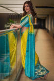 Yellow Silk Woven Zari Handloom Saree With Blue Border