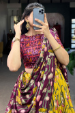 Yellow Tussar Silk Printed Flared Style Chaniya Choli