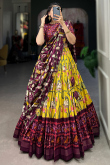 Yellow Tussar Silk Printed Flared Style Chaniya Choli