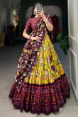 Yellow Tussar Silk Printed Flared Style Chaniya Choli