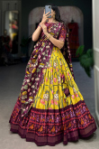 Yellow Tussar Silk Printed Flared Style Chaniya Choli