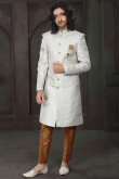 Zari And Thread Embroidered Silk White Men Sherwani