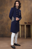 Zari Embroidered Birdseye Navy Blue Men Sherwani
