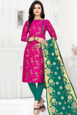 Woven Zari Embroidered Brocade Magenta Pink Churidar Suit