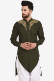 Zari Embroidered Cotton-blend Army Green Men Kurta