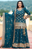 Zari Embroidered Georgette Prussian Blue Lehenga
