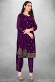 Zari Embroidered Georgette Purple Churidar Suit