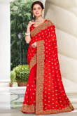 Red Woven Georgette Indian Saree for Party 