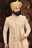 Zari Work Wedding Wear Men Sherwani in Beige Jacquard