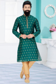 Zari Embroidered Jacquard Bottle Green Men Kurta Pajama