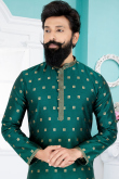 Zari Embroidered Jacquard Bottle Green Men Kurta Pajama