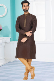 Zari Embroidered Jacquard Dark Brown Men Kurta Pajama