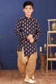 Exquisite Woven Zari Navy Blue Jacquard Kid's Sherwani