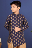 Exquisite Woven Zari Navy Blue Jacquard Kid's Sherwani