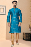 Zari Embroidered Jacquard Peacock Blue Men Kurta Pajama