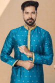 Zari Embroidered Jacquard Peacock Blue Men Kurta Pajama