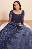 Zari Embroidered Net Navy Blue Panelled Style Lehenga
