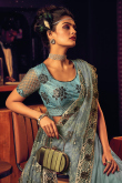 Zari Embroidered Net Powder Blue Saree