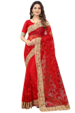 Zari Embroidered Net Red Designer Saree