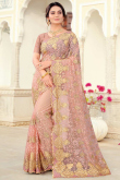 Zari Embroidered Net Salmon Peach party Wear Saree