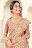 Zari Embroidered Net Salmon Peach party Wear Saree