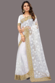 Zari Embroidered Net White Saree