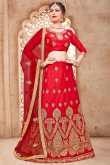 Lehenga in Cherry Red Silk for Party Wear with Lace embroidery