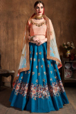 Resham Embroidered Silk Sea Blue Lehenga