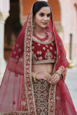 Lehenga in Velvet Maroon with Zari Embroidery for Wedding 