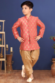 Zari Jacquard Coral Pink Kids Sherwani