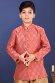 Zari Jacquard Coral Pink Kids Sherwani