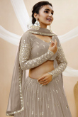 Zari Work Embroidered Georgette Grey Beige Lehenga 