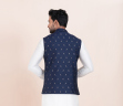 Navy Blue Cotton Silk Embroidered Waistcoat For Men 