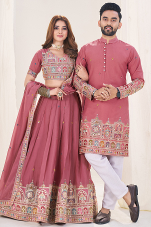 Dusty Pink Georgette Zari Embroidered Couple&#039;s Outfit 