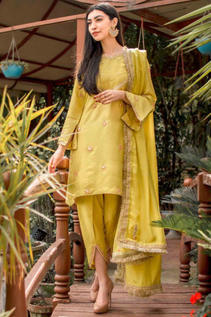 Trombone Yellow Silk Pakistani Tulip Pant Suit