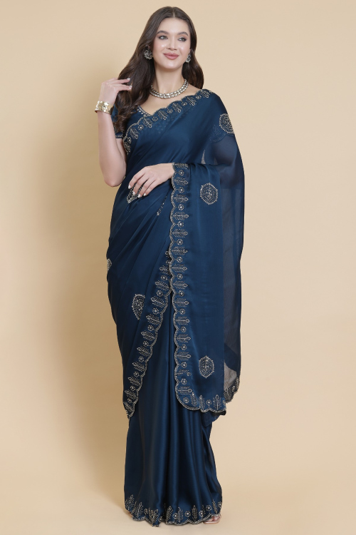 Prussian Blue Organza Saree With Stone Work For Festival