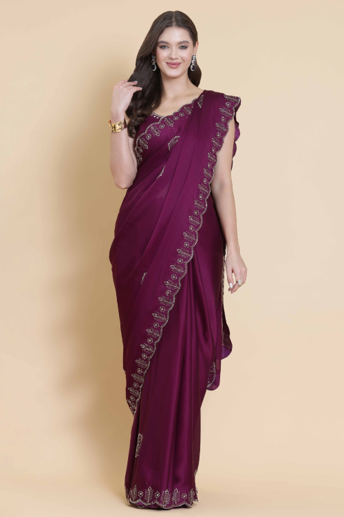 Plum Purple Organza Saree With Stone Work For Festival
