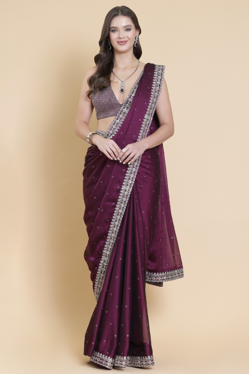 Plum Purple Organza Saree With Dori Work For Festival