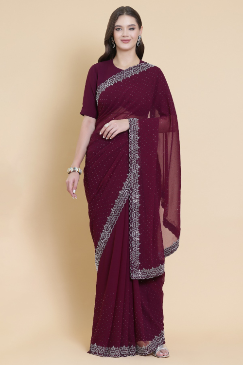 Plum Purple Georgette Saree With Stone Work For Festival 
