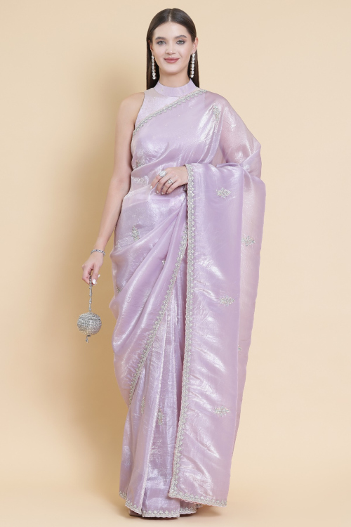 Light Mauve Tissue Saree With Dori Work For Festival
