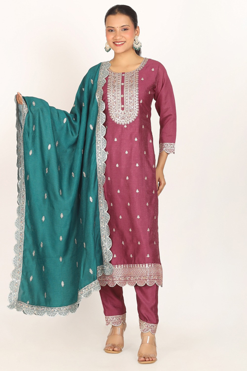 Thulian Pink Chanderi Embroidered Ready to Wear Straight Cut Trouser Suit