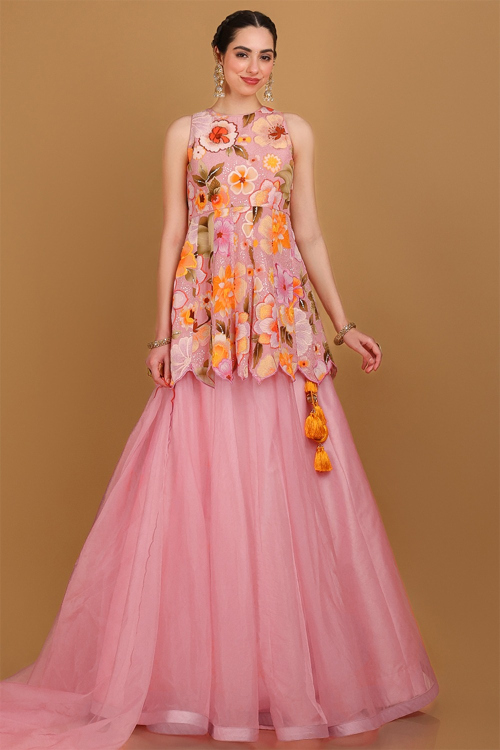 Plain Organza Salmon Pink Wedding Lehenga With Long Choli