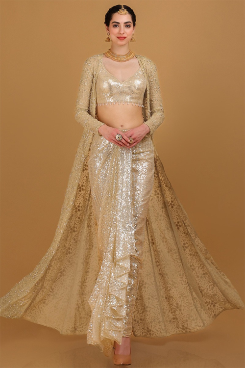 Net Sequins Light Beige Embroidered Jacket Style Lehenga