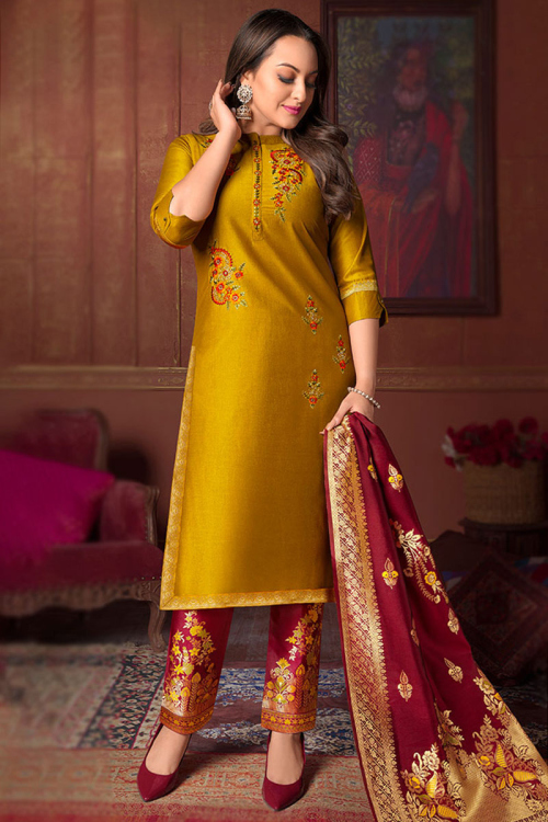 Mustard Yellow Silk Embroidered Trouser Suit