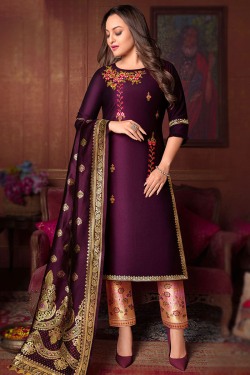 Plum Purple Silk Embroidered Trouser Suit