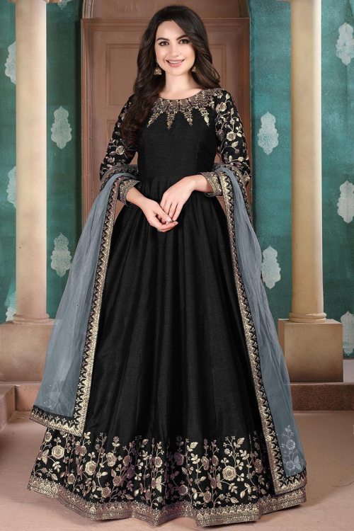 Black Embroidered Anarkali Suit with Net Dupatta & Floral Border