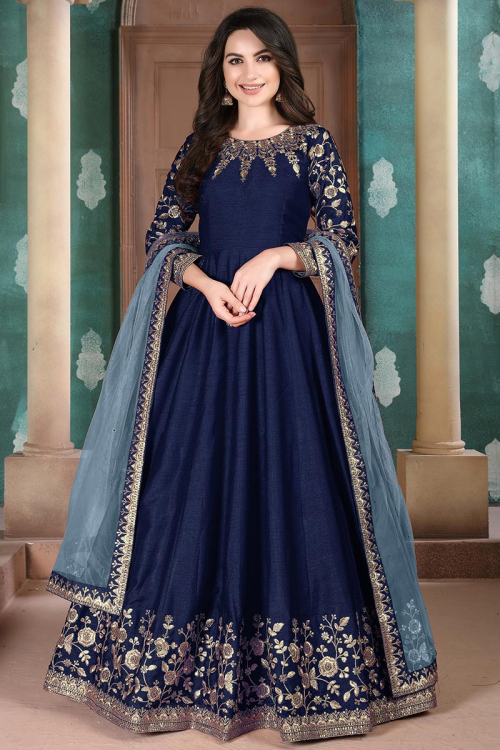 Zari Embroidered Navy Blue Art Silk Wedding Anarkali Salwar Suit
