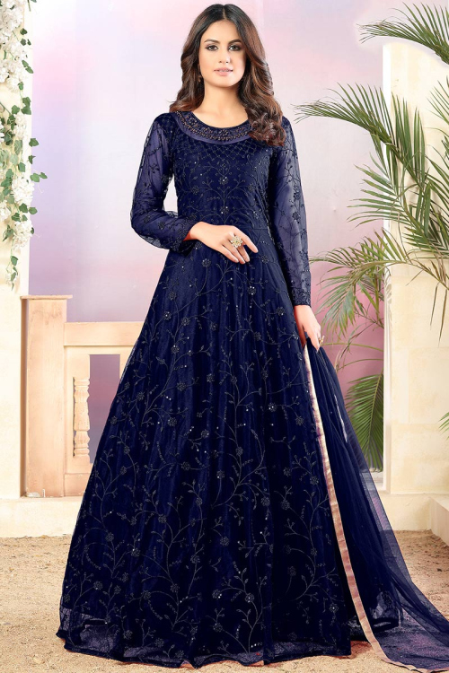 Navy Blue Net Embroidered Wedding Anarkali Suit With Resham Work