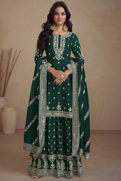 Teal Green Silk Zari Embroidered Sharara Suit For Mehndi 