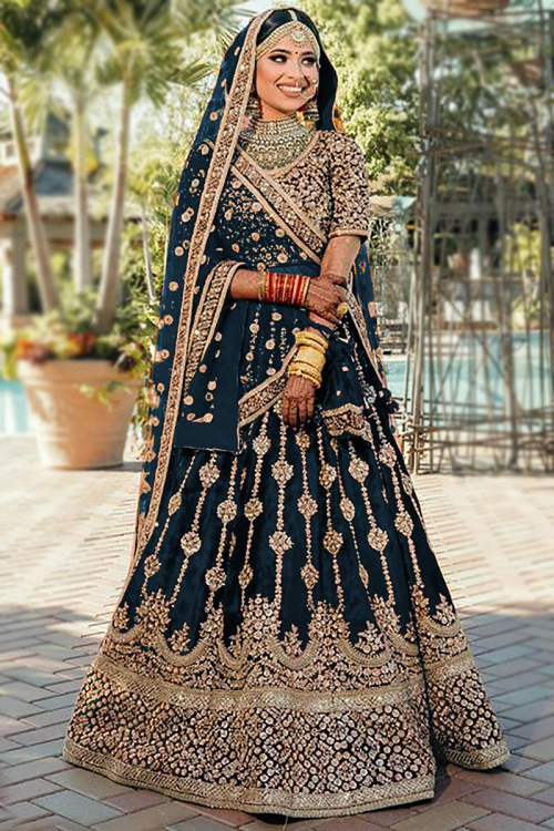 Dori Embroidered Work Velvet Prussian Blue Bridal Lehenga